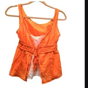 Vintage Y2K Crop Top S Italy Orange Sleeveless Tie Front Layered Cotton Ruched